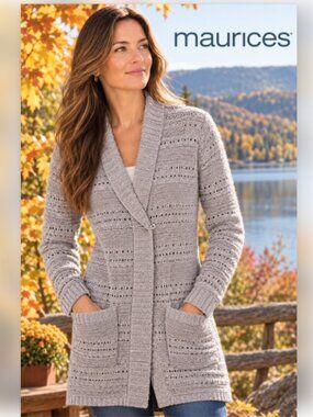 Maurices COTTON lightweight crochet cardigan with pockets closed with safety pin